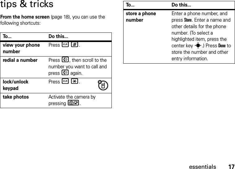 17essentialstips &amp; tricksFrom the home screen (page 18), you can use the following shortcuts:To... Do this...view your phone numberPress B#. redial a numberPress N, then scroll to the number you want to call and press N again. lock/unlock keypadPress B*.take photosActivate the camera by pressing b. store a phone numberEnter a phone number, and press Store. Enter a name and other details for the phone number. (To select a highlighted item, press the center keys.) Press Done to store the number and other entry information.To... Do this...