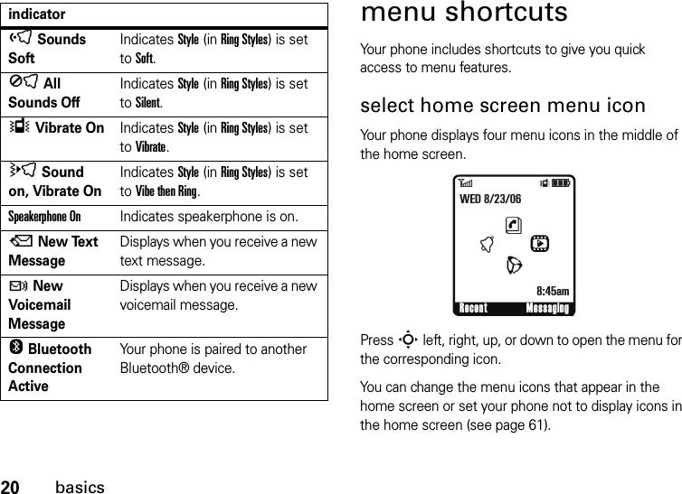 20basicsmenu shortcutsYour phone includes shortcuts to give you quick access to menu features.select home screen menu iconYour phone displays four menu icons in the middle of the home screen.Press S left, right, up, or down to open the menu for the corresponding icon.You can change the menu icons that appear in the home screen or set your phone not to display icons in the home screen (see page 61).ô Sounds SoftIndicates Style (in Ring Styles) is set to Soft.Í All Sounds OffIndicates Style (in Ring Styles) is set to Silent.Î Vibrate OnIndicates Style (in Ring Styles) is set to Vibrate.ö Sound on, Vibrate OnIndicates Style (in Ring Styles) is set to Vibe then Ring.Speakerphone OnIndicates speakerphone is on.Q New Text Message Displays when you receive a new text message.t New Voicemail Message Displays when you receive a new voicemail message.O Bluetooth Connection ActiveYour phone is paired to another Bluetooth® device.indicator6ÎìRecent MessaginghntLWED 8/23/068:45am