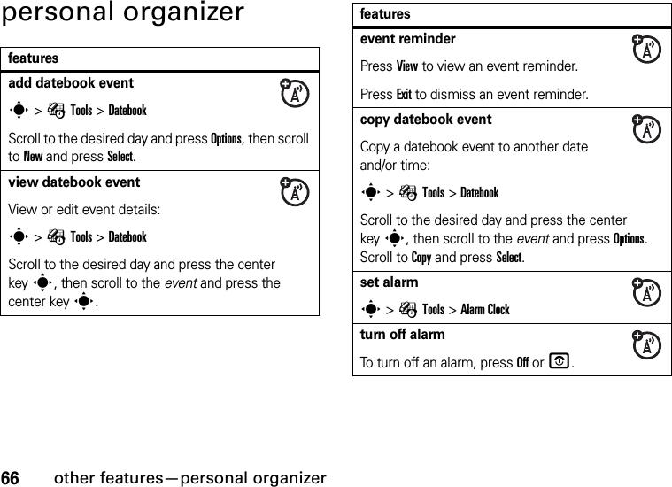 66other features—personal organizerpersonal organizerfeaturesadd datebook events &gt;ÉTools &gt;DatebookScroll to the desired day and press Options, then scroll to New and press Select.view datebook event View or edit event details:s &gt;ÉTools &gt;DatebookScroll to the desired day and press the center keys, then scroll to the event and press the center keys.event reminderPress View to view an event reminder.Press Exit to dismiss an event reminder.copy datebook eventCopy a datebook event to another date and/or time:s &gt;ÉTools &gt;DatebookScroll to the desired day and press the center keys, then scroll to the event and press Options. Scroll to Copy and press Select.set alarms &gt;ÉTools &gt;Alarm Clockturn off alarm To turn off an alarm, press Off orO.features