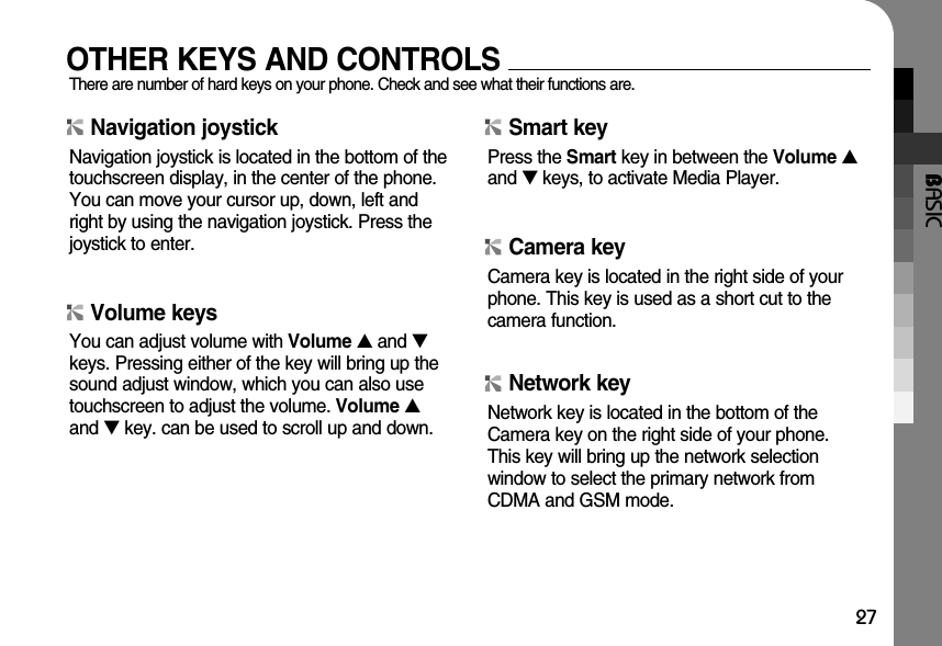 BASIC27OTHER KEYS AND CONTROLSThere are number of hard keys on your phone. Check and see what their functions are. Navigation joystickNavigation joystick is located in the bottom of thetouchscreen display, in the center of the phone. You can move your cursor up, down, left andright by using the navigation joystick. Press thejoystick to enter. Smart keyPress the Smart key in between the Volume ▲and ▼keys, to activate Media Player.Camera keyCamera key is located in the right side of yourphone. This key is used as a short cut to thecamera function.Network keyNetwork key is located in the bottom of theCamera key on the right side of your phone. This key will bring up the network selection window to select the primary network fromCDMA and GSM mode.Volume keysYou can adjust volume with Volume ▲and ▼keys. Pressing either of the key will bring up thesound adjust window, which you can also usetouchscreen to adjust the volume. Volume ▲and ▼key. can be used to scroll up and down. 