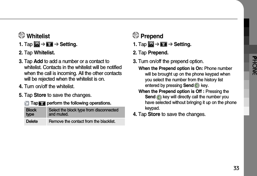 PHONE33Whitelist1. Tap      ➔➔Setting.2. Tap Whitelist.3. Tap Add to add a number or a contact towhitelist. Contacts in the whitelist will be notifiedwhen the call is incoming. All the other contactswill be rejected when the whitelist is on.4. Turn on/off the whitelist.5. Tap Store to save the changes.Prepend1. Tap      ➔➔Setting. 2. Tap Prepend.3. Turn on/off the prepend option.When the Prepend option is On: Phone numberwill be brought up on the phone keypad whenyou select the number from the history listentered by pressing Send key.When the Prepend option is Off : Pressing theSend key will directly call the number youhave selected without bringing it up on the phonekeypad.4. Tap Store to save the changes.Tap       perform the following operations.BlocktypeSelect the block type from disconnectedand muted.Delete Remove the contact from the blacklist.
