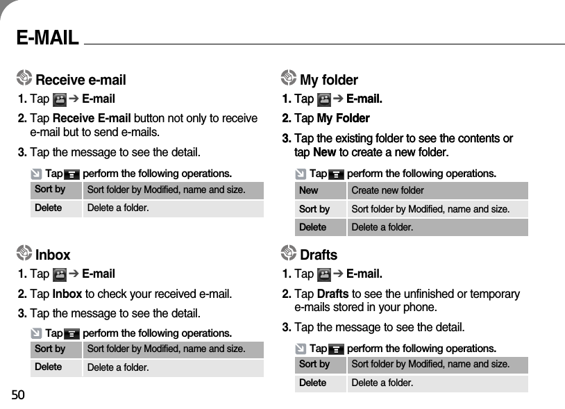 50E-MAILReceive e-mail1. Tap      ➔E-mail 2. Tap Receive E-mail button not only to receivee-mail but to send e-mails. 3. Tap the message to see the detail.Tap       perform the following operations.Sort by Sort folder by Modified, name and size.Delete Delete a folder.Inbox1. Tap      ➔E-mail 2. Tap Inbox to check your received e-mail.  3. Tap the message to see the detail.Tap       perform the following operations.Sort by Sort folder by Modified, name and size.Delete Delete a folder.My folder1. Tap      ➔E-mail. 2. Tap My Folder 3. Tap the existing folder to see the contents ortap New to create a new folder.1. Tap      ➔E-mail. 2. Tap My Folder 3. Tap the existing folder to see the contents ortap New to create a new folder.Tap       perform the following operations.New Create new folderSort by Sort folder by Modified, name and size.Delete Delete a folder.Drafts1. Tap      ➔E-mail. 2. Tap Drafts to see the unfinished or temporarye-mails stored in your phone.  3. Tap the message to see the detail.Tap       perform the following operations.Sort by Sort folder by Modified, name and size.Delete Delete a folder.