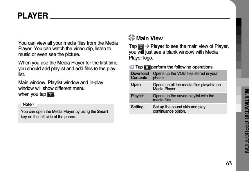 MULTIMEDIA APPLICATION63PLAYERYou can view all your media files from the MediaPlayer. You can watch the video clip, listen tomusic or even see the picture. When you use the Media Player for the first time,you should add playlist and add files to the playlist.Main window, Playlist window and In-play window will show different menu when you tap      . You can open the Media Player by using the Smartkey on the left side of the phone.Note &gt;Main ViewTap      ➔Player to see the main view of Player,you will just see a blank window with MediaPlayer logo.Tap       perform the following operations.DownloadContentsOpens up the VOD files stored in yourphone.Open Opens up all the media files playable onMedia Player.Playlist Opens up the saved playlist with themedia files.Setting Set up the sound skin and play continuance option.