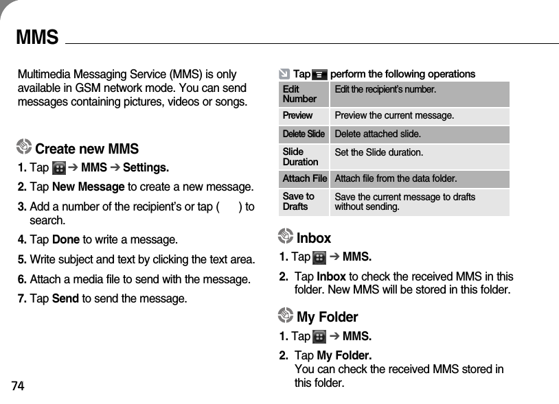74Create new MMS1. Tap      ➔MMS ➔ Settings.2. Tap New Message to create a new message.3. Add a number of the recipient’s or tap (      ) tosearch.4. Tap Done to write a message.5. Write subject and text by clicking the text area.6. Attach a media file to send with the message.7. Tap Send to send the message.Inbox1. Tap      ➔MMS.2. Tap Inbox to check the received MMS in thisfolder. New MMS will be stored in this folder.My Folder1. Tap      ➔MMS.2. Tap My Folder.You can check the received MMS stored inthis folder.MMSMultimedia Messaging Service (MMS) is onlyavailable in GSM network mode. You can sendmessages containing pictures, videos or songs.Tap       perform the following operationsEditNumberEdit the recipient’s number.PreviewPreview the current message.Delete SlideDelete attached slide.SlideDurationSet the Slide duration.Attach File Attach file from the data folder.Save toDraftsSave the current message to drafts without sending.