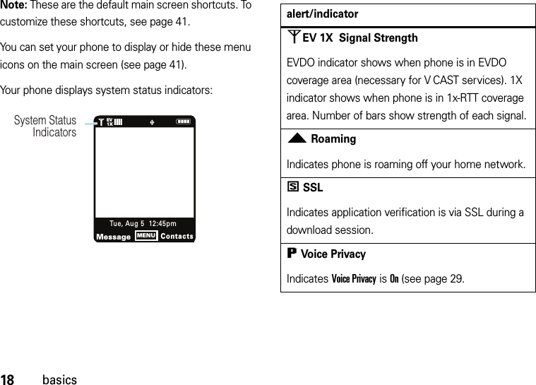 18basicsNote: These are the default main screen shortcuts. To customize these shortcuts, see page 41.You can set your phone to display or hide these menu icons on the main screen (see page 41).Your phone displays system status indicators:N1❙❙❙❙   ò1XEVSystem Status IndicatorsMessageContactsTue, Aug 5  12:45pmMENUalert/indicator0EV 1X Signal StrengthEVDO indicator shows when phone is in EVDO coverage area (necessary for V CAST services). 1X indicator shows when phone is in 1x-RTT coverage area. Number of bars show strength of each signal.2RoamingIndicates phone is roaming off your home network.5SSLIndicates application verification is via SSL during a download session.6Voice PrivacyIndicates Voice Privacy is On (see page 29.