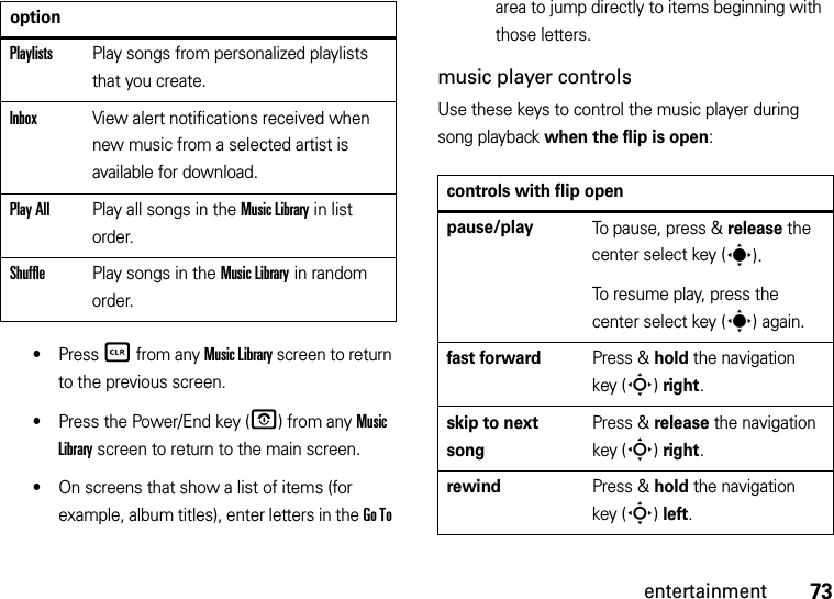 73entertainment•Press B from any Music Library screen to return to the previous screen.•Press the Power/End key (O) from any Music Library screen to return to the main screen.•On screens that show a list of items (for example, album titles), enter letters in the Go To area to jump directly to items beginning with those letters.music player controlsUse these keys to control the music player during song playback when the flip is open:PlaylistsPlay songs from personalized playlists that you create.InboxView alert notifications received when new music from a selected artist is available for download.Play AllPlay all songs in the Music Library in list order.ShufflePlay songs in the Music Library in random order.optioncontrols with flip openpause/playTo pause, press &amp; release the center select key (s).To resume play, press the center select key (s) again.fast forwardPress &amp; holdthe navigation key (S)right.skip to next songPress &amp; release the navigation key (S)right.rewindPress &amp; hold the navigation key (S)left.