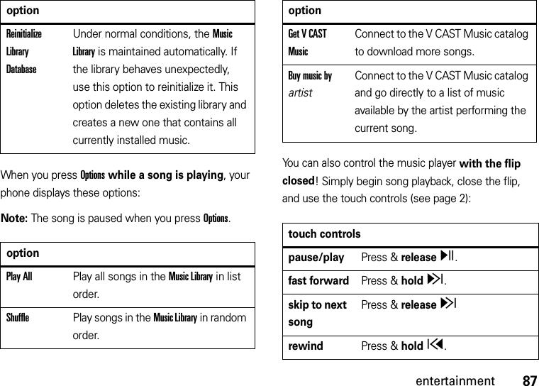 87entertainmentWhen you press Options while a song is playing, your phone displays these options:Note: The song is paused when you press Options.You can also control the music player with the flip closed! Simply begin song playback, close the flip, and use the touch controls (see page 2):Reinitialize Library DatabaseUnder normal conditions, the Music Library is maintained automatically. If the library behaves unexpectedly, use this option to reinitialize it. This option deletes the existing library and creates a new one that contains all currently installed music.optionPlay AllPlay all songs in the Music Library in list order.ShufflePlay songs in the Music Library in random order.optionGet V CAST MusicConnect to the V CAST Music catalog to download more songs.Buy music by artistConnect to the V CAST Music catalog and go directly to a list of music available by the artist performing the current song.touch controlspause/playPress &amp; release y.fast forwardPress &amp; hold z.skip to next songPress &amp; release zrewindPress &amp; hold x.option