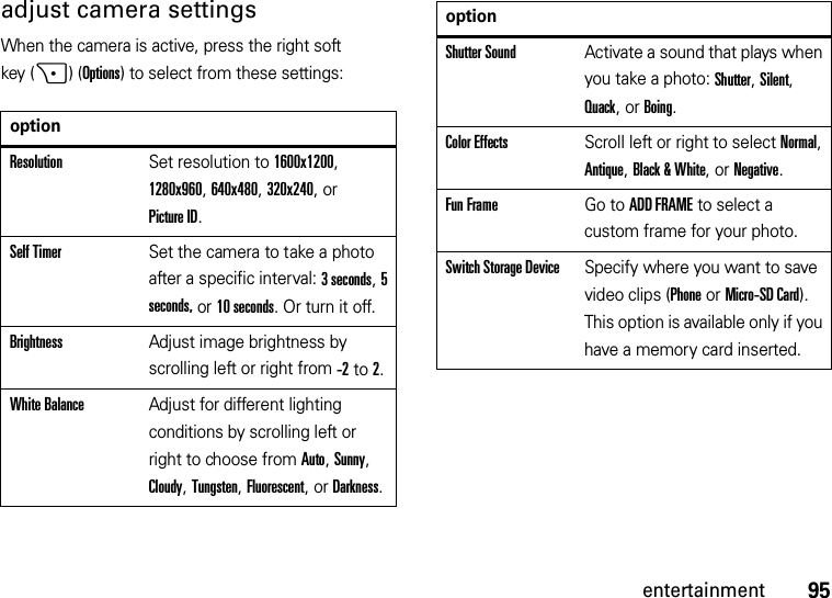 95entertainmentadjust camera settingsWhen the camera is active, press the right soft key (+)(Options) to select from these settings:optionResolutionSet resolution to 1600x1200, 1280x960, 640x480, 320x240, or Picture ID.Self TimerSet the camera to take a photo after a specific interval: 3 seconds, 5 seconds, or 10 seconds. Or turn it off.BrightnessAdjust image brightness by scrolling left or right from -2to 2.White BalanceAdjust for different lighting conditions by scrolling left or right to choose from Auto, Sunny, Cloudy, Tungsten, Fluorescent, or Darkness.Shutter SoundActivate a sound that plays when you take a photo: Shutter, Silent, Quack, or Boing.Color EffectsScroll left or right to select Normal, Antique, Black &amp; White, or Negative.Fun FrameGo to ADD FRAME to select a custom frame for your photo.Switch Storage DeviceSpecify where you want to save video clips (Phone or Micro-SD Card). This option is available only if you have a memory card inserted.option