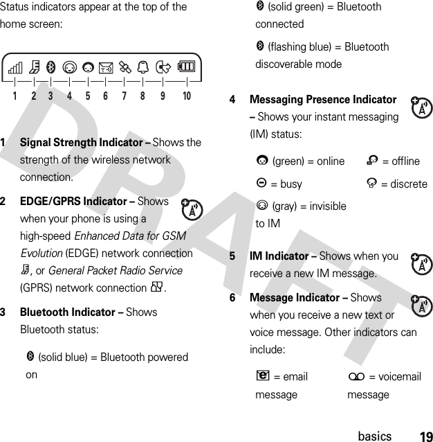 19basicsStatus indicators appear at the top of the home screen: 1 Signal Strength Indicator – Shows the strength of the wireless network connection.2EDGE/GPRS Indicator – Shows when your phone is using a high-speed Enhanced Data for GSM Evolution (EDGE) network connection Z, or General Packet Radio Service (GPRS) network connection g.3 Bluetooth Indicator – Shows Bluetooth status:4Messaging Presence Indicator – Shows your instant messaging (IM) status:5 IM Indicator – Shows when you receive a new IM message.6 Message Indicator – Shows when you receive a new text or voice message. Other indicators can include:&amp;(solid blue) = Bluetooth powered on210613 9845 7&amp;(solid green) = Bluetooth connected&amp;(flashing blue) = Bluetooth discoverable mode0(green) = online2= offlineY= busy4= discrete3(gray) = invisible to IMV= email message(= voicemail message