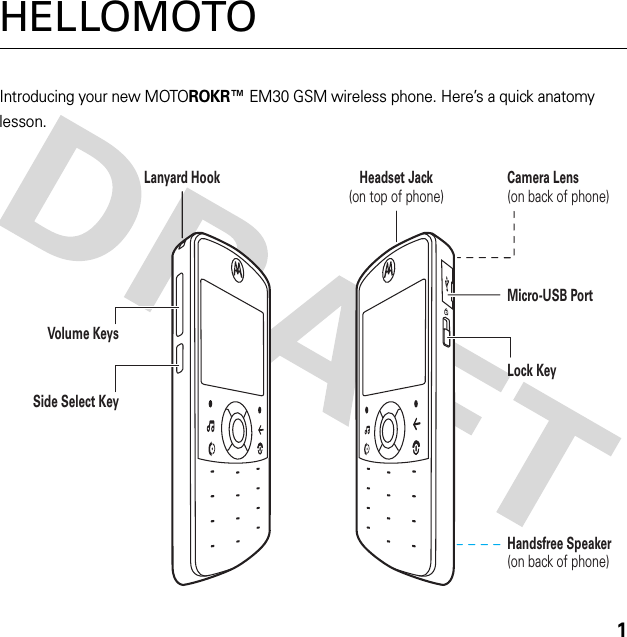 1HELLOMOTOIntroducing your new MOTOROKR™EM30 GSM wireless phone. Here’s a quick anatomy lesson.Lanyard Hook Headset Jack(on top of phone)Side Select KeyHandsfree Speaker(on back of phone)Volume KeysLock KeyMicro-USB PortCamera Lens(on back of phone)