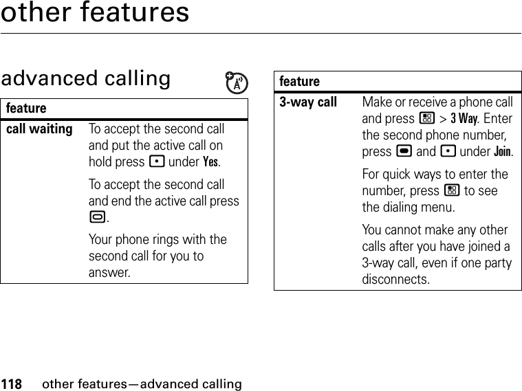 118other features—advanced callingother featuresadvanced callingfeaturecall waitingTo accept the second call and put the active call on hold press - under Yes.To accept the second call and end the active call press ..Your phone rings with the second call for you to answer.3-way callMake or receive a phone call and press / &gt; 3 Way. Enter the second phone number, press , and - under Join.For quick ways to enter the number, press / to see the dialing menu.You cannot make any other calls after you have joined a 3-way call, even if one party disconnects.feature