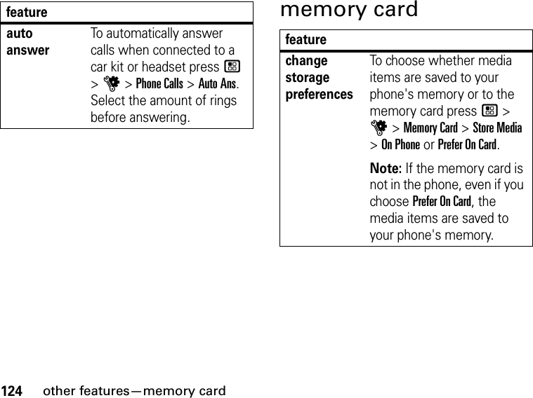 124other features—memory cardmemory cardauto answerTo automatically answer calls when connected to a car kit or headset press / &gt; u &gt; Phone Calls &gt; Auto Ans. Select the amount of rings before answering.featurefeaturechange storage preferencesTo choose whether media items are saved to your phone&apos;s memory or to the memory card press / &gt; u &gt; Memory Card &gt; Store Media &gt; On Phone or Prefer On Card.Note: If the memory card is not in the phone, even if you choose Prefer On Card, the media items are saved to your phone&apos;s memory.