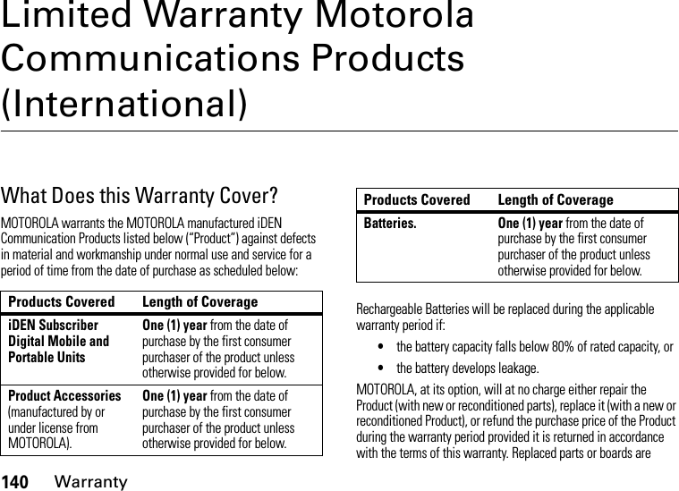 140WarrantyLimited Warranty Motorola Communications Products (International)WarrantyWhat Does this Warranty Cover?MOTOROLA warrants the MOTOROLA manufactured iDEN Communication Products listed below (“Product”) against defects in material and workmanship under normal use and service for a period of time from the date of purchase as scheduled below:Rechargeable Batteries will be replaced during the applicable warranty period if:•the battery capacity falls below 80% of rated capacity, or•the battery develops leakage.MOTOROLA, at its option, will at no charge either repair the Product (with new or reconditioned parts), replace it (with a new or reconditioned Product), or refund the purchase price of the Product during the warranty period provided it is returned in accordance with the terms of this warranty. Replaced parts or boards are Products Covered Length of CoverageiDEN Subscriber Digital Mobile and Portable UnitsOne (1) year from the date of purchase by the first consumer purchaser of the product unless otherwise provided for below.Product Accessories (manufactured by or under license from MOTOROLA).One (1) year from the date of purchase by the first consumer purchaser of the product unless otherwise provided for below.Batteries. One (1) year from the date of purchase by the first consumer purchaser of the product unless otherwise provided for below.Products Covered Length of Coverage