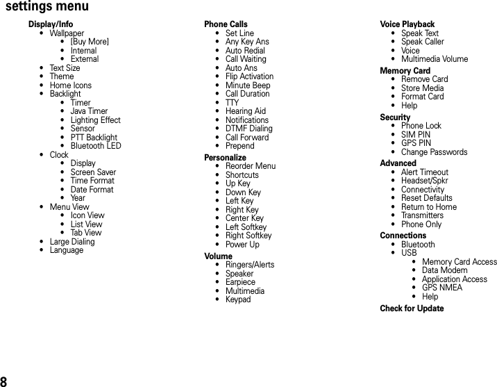 8settings menuDisplay/Info• Wallpaper•[Buy More]• Internal• External•Text Size• Theme• Home Icons• Backlight•Timer• Java Timer• Lighting Effect• Sensor• PTT Backlight• Bluetooth LED•Clock•Display• Screen Saver•Time Format• Date Format•Year• Menu View• Icon View•List View•Tab View• Large Dialing• LanguagePhone Calls• Set Line•Any Key Ans• Auto Redial• Call Waiting• Auto Ans• Flip Activation• Minute Beep• Call Duration•TTY• Hearing Aid• Notifications• DTMF Dialing• Call Forward• PrependPersonalize• Reorder Menu• Shortcuts•Up Key•Down Key•Left Key• Right Key• Center Key•Left Softkey• Right Softkey•Power UpVolume• Ringers/Alerts• Speaker• Earpiece• Multimedia•KeypadVoice Playback• Speak Text• Speak Caller•Voice• Multimedia VolumeMemory Card• Remove Card• Store Media• Format Card•HelpSecurity• Phone Lock• SIM PIN• GPS PIN• Change PasswordsAdvanced• Alert Timeout• Headset/Spkr• Connectivity• Reset Defaults• Return to Home•Transmitters• Phone OnlyConnections• Bluetooth•USB• Memory Card Access• Data Modem• Application Access• GPS NMEA•HelpCheck for Update