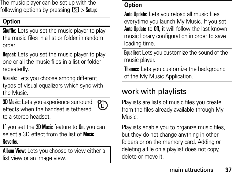 37main attractionsThe music player can be set up with the following options by pressing / &gt; Setup:work with playlists Playlists are lists of music files you create from the files already available through My Music. Playlists enable you to organize music files, but they do not change anything in other folders or on the memory card. Adding or deleting a file on a playlist does not copy, delete or move it. OptionShuffle: Lets you set the music player to play the music files in a list or folder in random order. Repeat: Lets you set the music player to play one or all the music files in a list or folder repeatedly. Visuals: Lets you choose among different types of visual equalizers which sync with the Music.3D Music: Lets you experience surround effects when the handset is tethered to a stereo headset. If you set the 3D Music feature to On, you can select a 3D effect from the list of Music Reverbs.Album View: Lets you choose to view either a list view or an image view.Auto Update: Lets you reload all music files everytime you launch My Music. If you set Auto Update to Off, it will follow the last known music library configuration in order to save loading time.Equalizer: Lets you customize the sound of the music player.Themes: Lets you customize the background of the My Music Application. Option