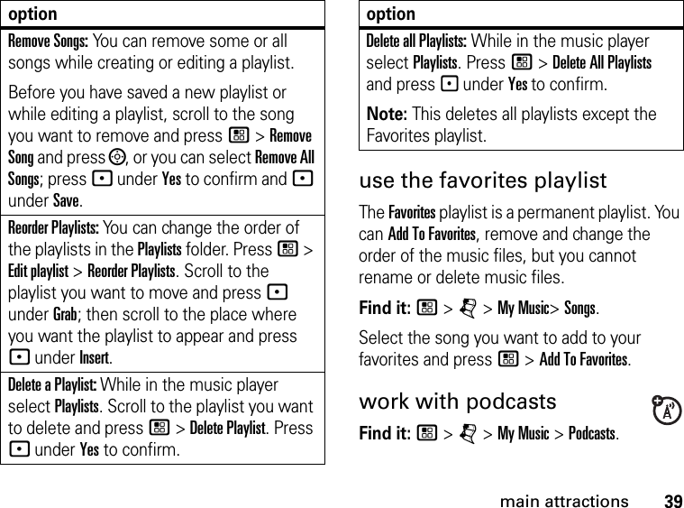 39main attractionsuse the favorites playlistThe Favorites playlist is a permanent playlist. You can Add To Favorites, remove and change the order of the music files, but you cannot rename or delete music files.Find it: / &gt; j &gt; My Music&gt; Songs.Select the song you want to add to your favorites and press / &gt; Add To Favorites.work with podcastsFind it: / &gt; j &gt; My Music &gt; Podcasts.Remove Songs: You can remove some or all songs while creating or editing a playlist.Before you have saved a new playlist or while editing a playlist, scroll to the song you want to remove and press / &gt; Remove Song and press ;, or you can select Remove All Songs; press - under Yes to confirm and - under Save. Reorder Playlists: You can change the order of the playlists in the Playlists folder. Press / &gt; Edit playlist &gt; Reorder Playlists. Scroll to the playlist you want to move and press - under Grab; then scroll to the place where you want the playlist to appear and press - under Insert.Delete a Playlist: While in the music player select Playlists. Scroll to the playlist you want to delete and press / &gt; Delete Playlist. Press - under Yes to confirm.optionDelete all Playlists: While in the music player select Playlists. Press / &gt; Delete All Playlists and press - under Yes to confirm.Note: This deletes all playlists except the Favorites playlist.option