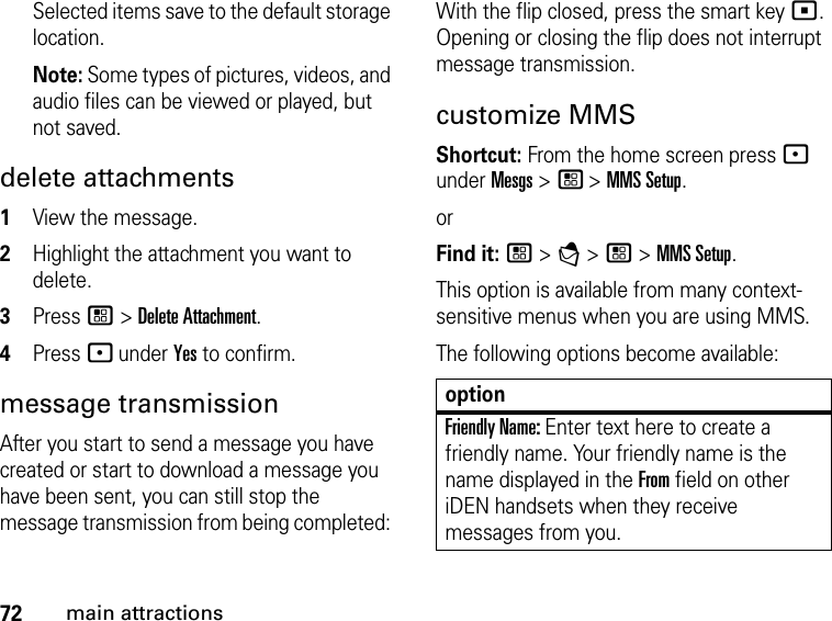 72main attractionsSelected items save to the default storage location. Note: Some types of pictures, videos, and audio files can be viewed or played, but not saved.delete attachments 1View the message. 2Highlight the attachment you want to delete. 3Press / &gt; Delete Attachment. 4Press - under Yes to confirm. message transmission After you start to send a message you have created or start to download a message you have been sent, you can still stop the message transmission from being completed: With the flip closed, press the smart key (. Opening or closing the flip does not interrupt message transmission. customize MMS Shortcut: From the home screen press - under Mesgs &gt; / &gt; MMS Setup.orFind it: / &gt; E &gt; / &gt; MMS Setup. This option is available from many context-sensitive menus when you are using MMS.The following options become available: optionFriendly Name: Enter text here to create a friendly name. Your friendly name is the name displayed in the From field on other iDEN handsets when they receive messages from you. 