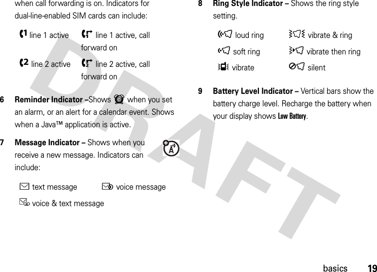 19basicswhen call forwarding is on. Indicators for dual-line-enabled SIM cards can include:6 Reminder Indicator –Shows6 when you set an alarm, or an alert for a calendar event. Shows  when a Java™ application is active.7 Message Indicator – Shows when you receive a new message. Indicators can include:8 Ring Style Indicator – Shows the ring style setting.9 Battery Level Indicator – Vertical bars show the battery charge level. Recharge the battery when your display shows Low Battery.fline 1 activeiline 1 active, call forward oneline 2 activejline 2 active, call forward onÉtext messageËvoice messagevoice &amp; text message õloud ringÌ vibrate &amp; ringôsoft ringövibrate then ringÎvibrateÍsilent 