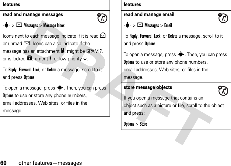 60other features—messagesread and manage messagess&gt;eMessages &gt;Message InboxIcons next to each message indicate if it is read&gt; or unread&lt;. Icons can also indicate if the message has an attachment=, might be SPAM?, or is locked9, urgent!, or low priority↓.To Reply, Forward, Lock, or Delete a message, scroll to it and press Options.To open a message, press s. Then, you can press Options to use or store any phone numbers, email addresses, Web sites, or files in the message. featuresread and manage emails&gt;eMessages &gt;EmailTo Reply, Forward, Lock, or Delete a message, scroll to it and press Options.To open a message, press s. Then, you can press Options to use or store any phone numbers, email addresses, Web sites, or files in the message. store message objectsIf you open a message that contains an object such as a picture or file, scroll to the object and press:Options&gt;Storefeatures