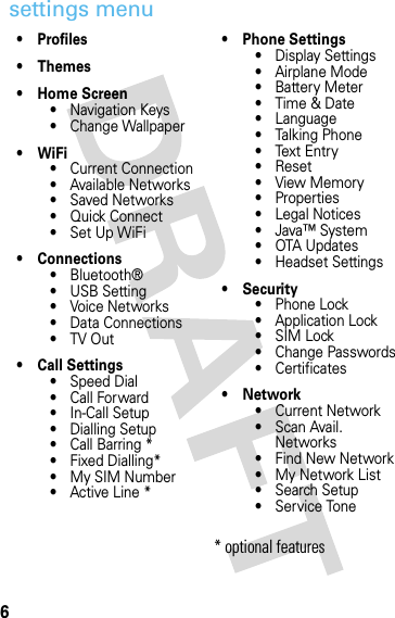 6settings menu• Profiles• Themes• Home Screen• Navigation Keys• Change Wallpaper•WiFi• Current Connection• Available Networks• Saved Networks• Quick Connect• Set Up WiFi• Connections• Bluetooth®• USB Setting• Voice Networks• Data Connections•TV Out• Call Settings• Speed Dial• Call Forward•In-Call Setup• Dialling Setup•CallBarring*• Fixed Dialling*•My SIM Number• Active Line *• Phone Settings• Display Settings• Airplane Mode• Battery Meter•Time &amp; Date• Language• Talking Phone•Text Entry•Reset•View Memory• Properties• Legal Notices• Java™ System•OTA Updates• Headset Settings•Security• Phone Lock• Application Lock• SIM Lock• Change Passwords• Certificates•Network• Current Network• Scan Avail. Networks•Find New Network• My Network List•Search Setup• Service Tone* optional features