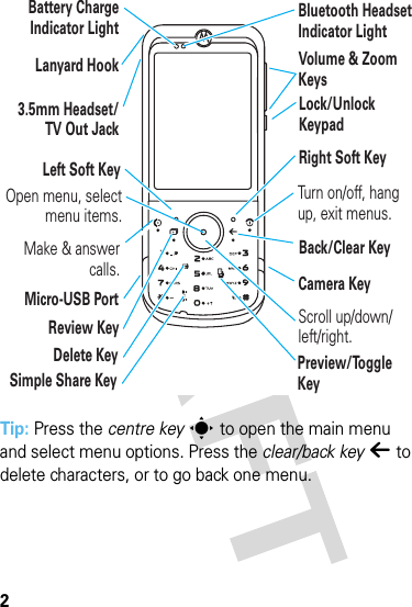 2Tip: Press the centre keys to open the main menu and select menu options. Press the clear/back keyò to delete characters, or to go back one menu.òMake &amp; answer calls.Volume &amp; Zoom KeysLeft Soft KeyLanyard HookMicro-USB PortScroll up/down/ left/right.Turn on/off, hang up, exit menus.Right Soft KeyBack/Clear KeyLock/Unlock Keypad3.5mm Headset/ TV Out JackBattery Charge Indicator Light Bluetooth Headset Indicator LightOpen menu, select menu items. Camera KeyReview KeyDelete Key Preview/Toggle KeySimple Share Keyîü