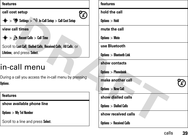 39callsin-call menu During a call you access the in-call menu by pressing Options.call cost setups&gt;uSettings &gt; gIn-Call Setup &gt;Call Cost Setupview call timess &gt;qRecent Calls &gt;Call TimeScroll to Last Call, Dialled Calls, Received Calls, All Calls, or Lifetime, and press Select.featuresshow available phone lineOptions &gt; My Tel Number Scroll to a line and press Select.featureshold the callOptions &gt;Holdmute the callOptions &gt; Muteuse BluetoothOptions &gt; Bluetooth Linkshow contactsOptions &gt; Phonebookmake another callOptions &gt;New Callshow dialled callsOptions &gt;Dialled Callsshow received callsOptions &gt;Received Callsfeatures