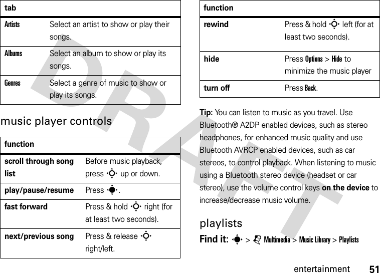 51entertainmentmusic player controlsTip: You can listen to music as you travel. Use Bluetooth® A2DP enabled devices, such as stereo headphones, for enhanced music quality and use Bluetooth AVRCP enabled devices, such as car stereos, to control playback. When listening to music using a Bluetooth stereo device (headset or car stereo), use the volume control keys on the device to increase/decrease music volume.playlistsFind it: s &gt; j Multimedia &gt; Music Library &gt; PlaylistsArtistsSelect an artist to show or play their songs.AlbumsSelect an album to show or play its songs.GenresSelect a genre of music to show or play its songs.functionscroll through song listBefore music playback, press S up or down.play/pause/resumePress s. fast forwardPress &amp; hold S right (for at least two seconds).next/previous songPress &amp; release S right/left.tabrewindPress &amp; hold S left (for at least two seconds).hidePress Options &gt; Hide to minimize the music playerturn offPress Back.function