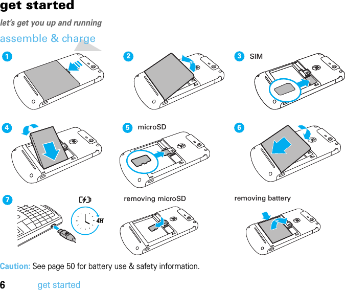 6get startedget startedlet’s get you up and runningassemble &amp; chargeCaution: See page 50 for battery use &amp; safety information.1237464Hremoving battery5microSDSIMremoving microSD