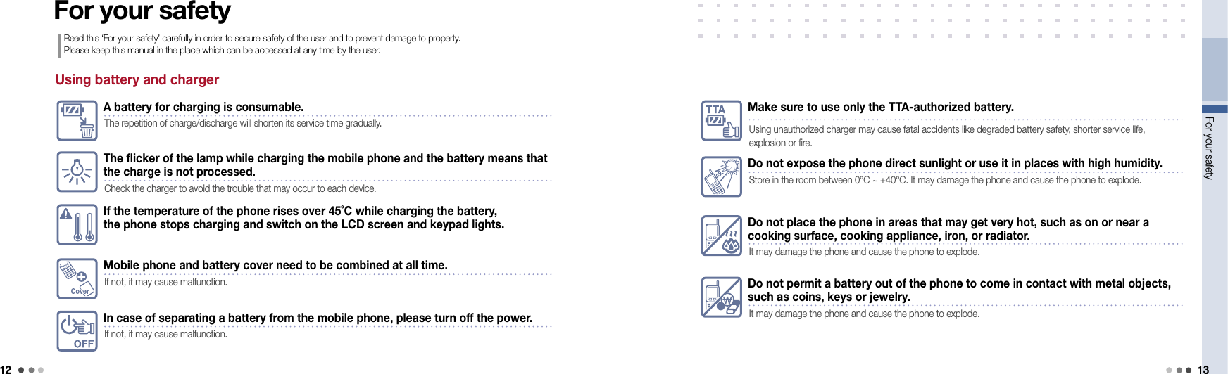 12For your safety 13Using battery and chargerThe flicker of the lamp while charging the mobile phone and the battery means that  the charge is not processed.Check the charger to avoid the trouble that may occur to each device.If the temperature of the phone rises over 45˚C while charging the battery,  the phone stops charging and switch on the LCD screen and keypad lights.For your safetyRead this ‘For your safety’ carefully in order to secure safety of the user and to prevent damage to property.  Please keep this manual in the place which can be accessed at any time by the user.A battery for charging is consumable.The repetition of charge/discharge will shorten its service time gradually.Mobile phone and battery cover need to be combined at all time.If not, it may cause malfunction.In case of separating a battery from the mobile phone, please turn off the power.If not, it may cause malfunction.Make sure to use only the TTA-authorized battery.Using unauthorized charger may cause fatal accidents like degraded battery safety, shorter service life,  explosion or fire.Do not expose the phone direct sunlight or use it in places with high humidity. Store in the room between 0°C ~ +40°C. It may damage the phone and cause the phone to explode.Do not place the phone in areas that may get very hot, such as on or near a cooking surface, cooking appliance, iron, or radiator.It may damage the phone and cause the phone to explode.Do not permit a battery out of the phone to come in contact with metal objects,  such as coins, keys or jewelry.It may damage the phone and cause the phone to explode.