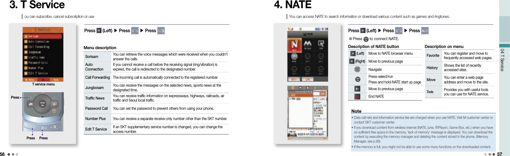 5604 T Service 57Note3. T ServiceT service menuSorisam You can retrieve the voice messages which were received when you couldn’t answer the calls.Auto Connection If you cannot receive a call before the receiving signal (ring/vibration) is expired, the call is redirected to the designated number.Call Forwarding The incoming call is automatically connected to the registered number.Jungbosam You can receive the messages on the selected news, sports news at the designated time.Traffic News  You can receive traffic information on expressways, highways, railroads, air traffic and Seoul local traffic.Password Call You can set the password to prevent others from using your phone.Number Plus You can receive a separate receive-only number other than the SKT number.Edit T Service If an SKT supplementary service number is changed, you can change the access number.Menu descriptionou can subscribe, cancel subscription or use Press   (Left) ▶ Press   ▶ Press 4. NATEYou can access NATE to search information or download various content such as games and ringtones.Press   (Left) ▶ Press   ▶ Press 󰥇  Press   to connect NATE.•  Data call rate and information service fee are charged when you use NATE. Visit M customer center or contact SKT customer center.•  If you download content from wireless internet (NATE, june, ⓜPlayon, Game Box, etc.) when you have no sufficient free space in the memory, ‘lack of memory’ message is displayed. You can download the content by executing the memory manager and deleting the content stored in the phone. (Memory Manager, see p.89)•  If the memory is full, you might not be able to use some munu functions on the downloaded content.Favorite  You can register and move to frequently accessed web pages.History Shows the list of recently accessed sites.Move  You can enter a web page address and move to the site.Tools Provides you with useful tools you can use for NATE service.Description of NATE button Description on menu (Left) Move to NATE browser menu (Right) Move to previous pageNavigate Press-select/runPress and hold-NATE start up pageMove to previous pageEnd NATEPressPress Press