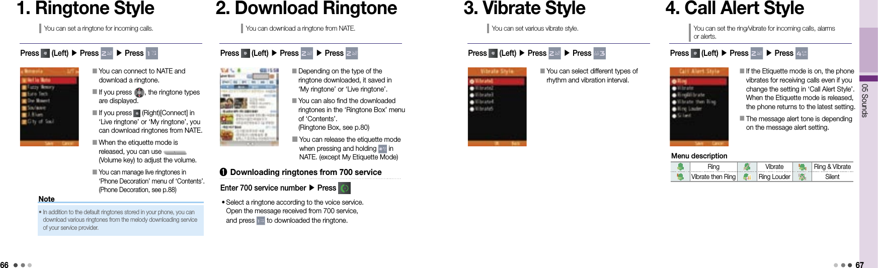 6605 Sounds67Note󰥇  You can connect to NATE and download a ringtone.󰥇  If you press  , the ringtone types are displayed.󰥇   If you press   (Right)[Connect] in  ‘Live ringtone’ or ‘My ringtone’, you can download ringtones from NATE.󰥇  When the etiquette mode is  released, you can use   (Volume key) to adjust the volume.󰥇  You can manage live ringtones in  ‘Phone Decoration’ menu of ‘Contents’. (Phone Decoration, see p.88)1. Ringtone StyleYou can set a ringtone for incoming calls.2. Download RingtoneYou can download a ringtone from NATE.•   In addition to the default ringtones stored in your phone, you can download various ringtones from the melody downloading service of your service provider.Press   (Left) ▶ Press   ▶ Press  Press   (Left) ▶ Press   ▶ Press 󰥇  Depending on the type of the  ringtone downloaded, it saved in  ‘My ringtone’ or ‘Live ringtone’.󰥇  You can also find the downloaded ringtones in the ‘Ringtone Box’ menu of ‘Contents’. (Ringtone Box, see p.80)󰥇  You can release the etiquette mode when pressing and holding   in NATE. (except My Etiquette Mode)➊  Downloading ringtones from 700 service•  Select a ringtone according to the voice service.  Open the message received from 700 service,  and press   to downloaded the ringtone.Enter 700 service number ▶ Press 󰥇  You can select different types of rhythm and vibration interval.3. Vibrate StyleYou can set various vibrate style.4. Call Alert StyleYou can set the ring/vibrate for incoming calls, alarms  or alerts.Press   (Left) ▶ Press   ▶ Press  Press   (Left) ▶ Press   ▶ Press 󰥇  If the Etiquette mode is on, the phone vibrates for receiving calls even if you change the setting in ‘Call Alert Style’. When the Etiquette mode is released, the phone returns to the latest setting.󰥇  The message alert tone is depending on the message alert setting.Ring Vibrate Ring &amp; VibrateVibrate then Ring Ring Louder SilentMenu description