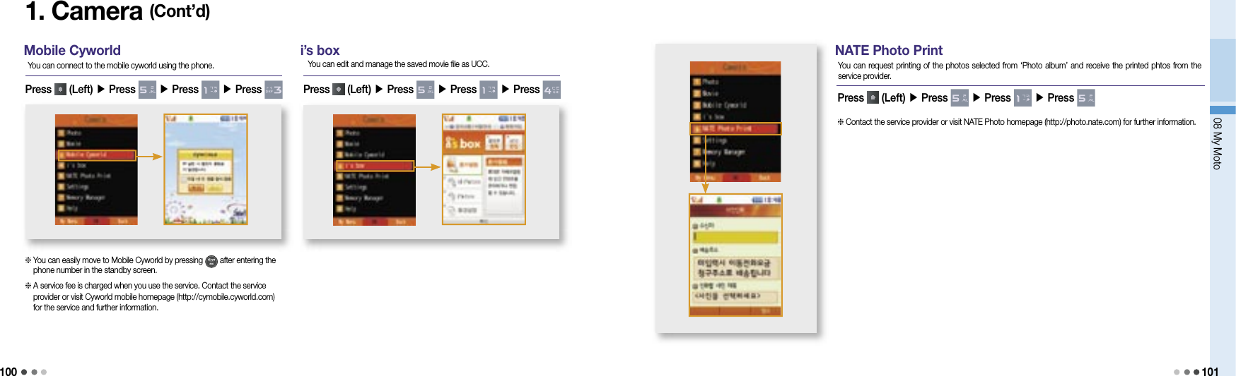 10008 My Moto1011. Camera (Cont’d)Mobile CyworldPress   (Left) ▶ Press   ▶ Press   ▶ Press   You can easily move to Mobile Cyworld by pressing   after entering the phone number in the standby screen.   A service fee is charged when you use the service. Contact the service provider or visit Cyworld mobile homepage (http://cymobile.cyworld.com) for the service and further information.You can connect to the mobile cyworld using the phone.i’s boxPress   (Left) ▶ Press   ▶ Press   ▶ Press You can edit and manage the saved movie file as UCC. You can request printing of the photos selected from ‘Photo album’ and receive the printed phtos from the service provider.Press   (Left) ▶ Press   ▶ Press   ▶ Press    Contact the service provider or visit NATE Photo homepage (http://photo.nate.com) for further information.NATE Photo Print