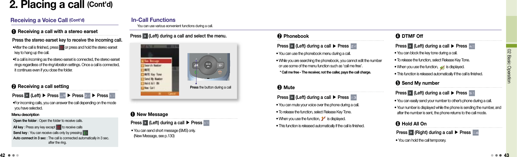 4202 Basic Operation 432. Placing a call (Cont’d)Receiving a Voice Call (Cont’d) ➊  Receiving a call with a stereo earsetPress the stereo earset key to receive the incoming call.• After the call is finished, press   or press and hold the stereo earset key to hang up the call.• If a call is incoming as the stereo earset is connected, the stereo earset rings regardless of the ring/vibration settings. Once a call is connected, it continues even if you close the folder.➋ Receiving a call settingPress   (Left) ▶ Press   ▶ Press   ▶ Press • For incoming calls, you can answer the call depending on the mode you have selected.Open the folder : Open the folder to receive calls.All key : Press any key except   to receive callsSend key : You can receive calls only by pressing Auto connect in 3 sec :  The call is connected automatically in 3 sec. after the ring.Menu descriptionIn-Call Functions➊ New MessagePress the button during a callYou can use various eonvenient functions during a call.Press   (Left) during a call ▶ Press •  You can send short message (SMS) only. (New Message, see p.130)Press   (Left) during a call and select the menu. ➋  PhonebookPress   (Left) during a call ▶ Press •  You can use the phonebook menu during a call.•  While you are searching the phonebook, you cannot edit the number or use some of the menu function such as ‘call me free’.* Call me free - The receiver, not the caller, pays the call charge.➌  MutePress   (Left) during a call ▶ Press •  You can mute your voice over the phone during a call.•  To release the function, select Release Key Tone.•  When you use the function,   is displayed.•  This function is released automatically if the call is finished.➍  DTMF OffPress   (Left) during a call ▶ Press ➎  Send My numberPress   (Left) during a call ▶ Press • You can easily send your number to other’s phone during a call.•  Your number is displayed while the phone is sending the number, and after the number is sent, the phone returns to the call mode.• You can block the key tone during a call.• To release the function, select Release Key Tone.• When you use the function,   is displayed.• This function is released automatically if the call is finished.➏  Hold All OnPress   (Right) during a call ▶ Press • You can hold the call temporary.