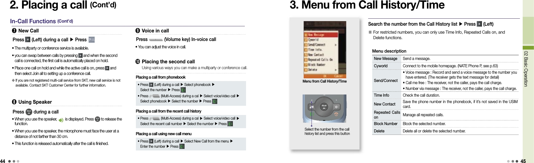 4402 Basic Operation 452. Placing a call (Cont’d)In-Call Functions (Cont’d)➐  New CallPress   (Left) during a call ▶ Press •  The multiparty or conference service is available.•  you can swap between calls by pressing   and when the second call is connected, the first call is automatically placed on hold.•  Place one call on hold and while the active call is on, press   and then select Join all to setting up a conference call.  If you are not registered multi-call service from SKT, new call service is not available. Contact SKT Customer Center for further information.➑  Using SpeakerPress   during a call•  When you use the speaker,   is displayed. Press   to release the function.•  When you use the speaker, the microphone must face the user at a distance of not farther than 30 cm.•  This function is released automatically after the call is finished.➒  Voice in callPress   (Volume key) In-voice call•  You can adjust the voice in call.➓  Placing the second callUsing various ways you can make a multiparty or conference call.Placing a call from phonebook•  Press   (Left) during a call ▶ Select phonebook ▶ Select the number ▶ Press •  Press   (Multi-Access) during a cal ▶ Select voice/video call ▶ Select phonebook ▶ Select the number ▶ Press Placing a call from the recent call history•  Press   (Multi-Access) during a cal ▶ Select voice/video call ▶ Select the recent call number ▶ Select the number ▶ Press Placing a call using new call menu•  Press   (Left) during a call ▶ Select New Call from the menu ▶ Enter the number ▶ Press 3. Menu from Call History/TimeMenu from Call History/TimeSearch the number from the Call History list ▶ Press   (Left) 󰥇  For restricted numbers, you can only use Time Info, Repeated Calls on, and Delete functions.New Message Send a message.Cyworld Connect to the mobile homepage. (NATE Phone P, see p.63)Send/Connect•  Voice message : Record and send a voice message to the number you have entered. (The receiver gets the text message for detail)• Call me free :  The receiver, not the caller, pays the call charge.• Number via message :  The receiver, not the caller, pays the call charge.Time Info Check the call duration.New Contact Save the phone number in the phonebook, if it’s not saved in the USIM card.Repeated Calls on Manage all repeated calls.Block Number Block the selected number.Delete Delete all or delete the selected number.Menu descriptionSelect the number from the call history list and press this button