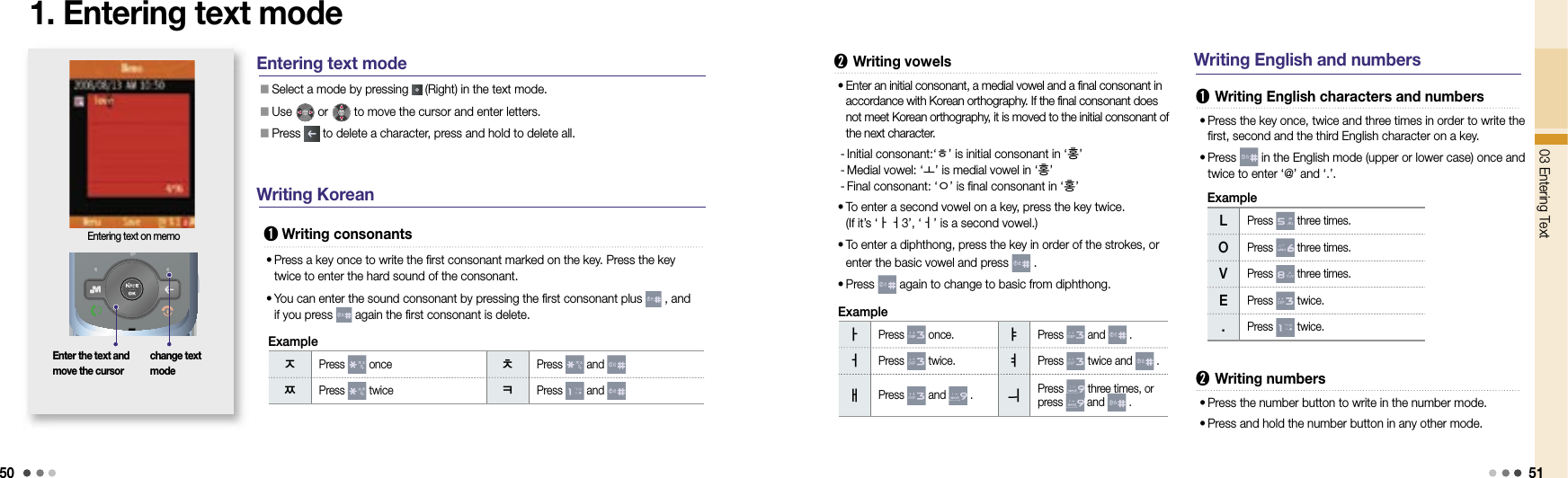 5003 Entering Text 51•  Enter an initial consonant, a medial vowel and a final consonant in accordance with Korean orthography. If the final consonant does not meet Korean orthography, it is moved to the initial consonant of the next character. - Initial consonant:‘ㅎ’ is initial consonant in ‘홍’ - Medial vowel: ‘ㅗ’ is medial vowel in ‘홍’ - Final consonant: ‘ㅇ’ is final consonant in ‘홍’•   To enter a second vowel on a key, press the key twice. (If it’s ‘ㅏㅓ3’, ‘ㅓ’ is a second vowel.) •  To enter a diphthong, press the key in order of the strokes, or enter the basic vowel and press   .•   Press   again to change to basic from diphthong.1. Entering text modechange text modeEntering text on memoEntering text mode󰥇 Select a mode by pressing   (Right) in the text mode. 󰥇 Use   or   to move the cursor and enter letters. 󰥇 Press   to delete a character, press and hold to delete all. Writing KoreanEnter the text and move the cursor ➊  Writing consonants•  Press a key once to write the first consonant marked on the key. Press the key twice to enter the hard sound of the consonant.•  You can enter the sound consonant by pressing the first consonant plus   , and if you press   again the first consonant is delete.ㅈPress   once  ㅊPress   and ㅉPress   twice ㅋPress   and Example Writing English and numbers➋  Writing vowelsㅏPress   once.  ㅑPress   and   . ㅓPress   twice.  ㅕPress   twice and   . ㅐPress   and   .  ㅢPress   three times, or press   and   . Example➊  Writing English characters and numbers•  Press the key once, twice and three times in order to write the first, second and the third English character on a key.•  Press   in the English mode (upper or lower case) once and twice to enter ‘@’ and ‘.’.LPress   three times. OPress   three times. VPress   three times. EPress   twice. .Press   twice. ➋  Writing numbers•  Press the number button to write in the number mode.•  Press and hold the number button in any other mode.Example