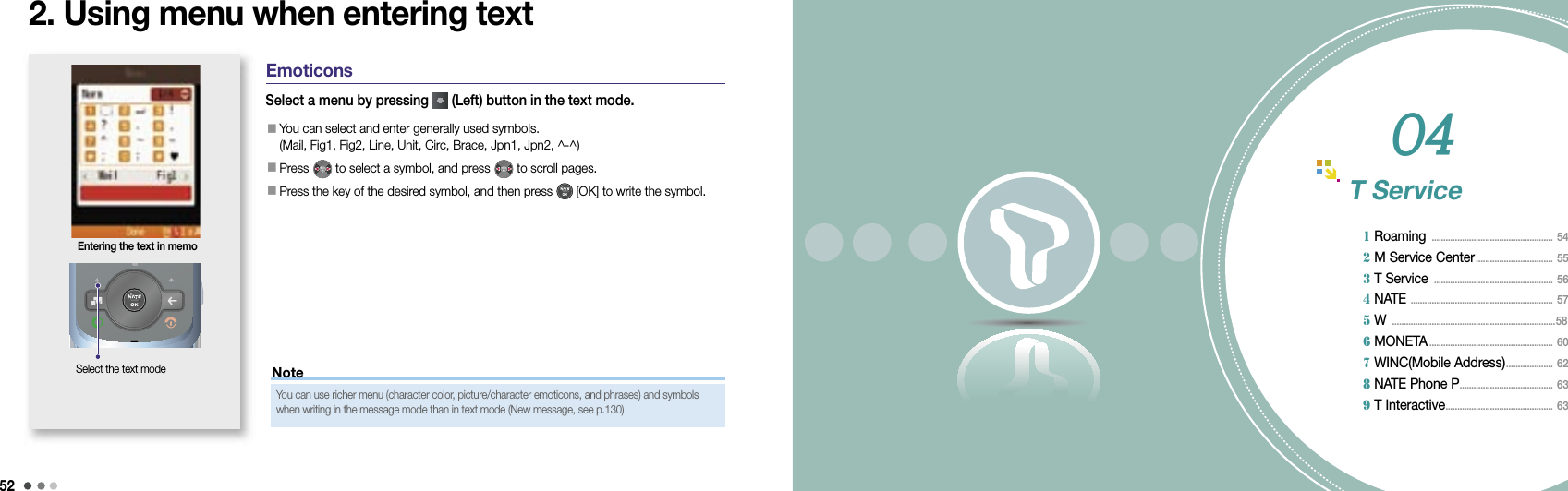 52For your safety 53Note2. Using menu when entering textEntering the text in memo󰥇  You can select and enter generally used symbols.(Mail, Fig1, Fig2, Line, Unit, Circ, Brace, Jpn1, Jpn2, ^-^)󰥇 Press   to select a symbol, and press   to scroll pages.󰥇 Press the key of the desired symbol, and then press   [OK] to write the symbol.Select the text modeSelect a menu by pressing   (Left) button in the text mode. EmoticonsYou can use richer menu (character color, picture/character emoticons, and phrases) and symbols when writing in the message mode than in text mode (New message, see p.130) T Service 1 Roaming  ....................................................  54  2 M Service Center .................................  55 3 T Service  ...................................................  56 4 NATE  .............................................................  57 5 W  ......................................................................58 6 MONETA .....................................................  60 7 WINC(Mobile Address) ....................  62 8 NATE Phone P ........................................  63 9 T Interactive ..............................................  6304