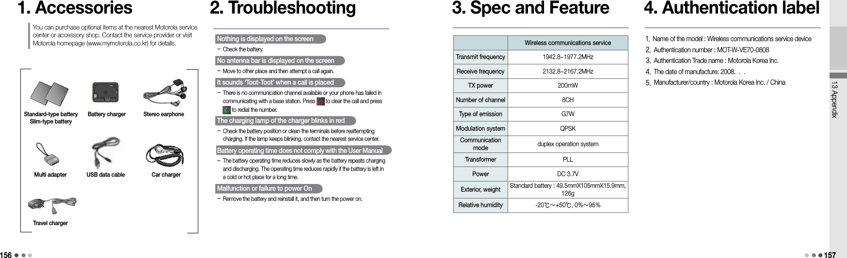 15613 Appendix1571. AccessoriesYou can purchase optional items at the nearest Motorola service center or accessory shop. Contact the service provider or visit Motorola homepage (www.mymotorola.co.kr) for details.Standard-type batterySlim-type batteryBattery charger Stereo earphoneMulti adapter USB data cable Car chargerTravel charger2. TroubleshootingNothing is displayed on the screen- Check the battery.No antenna bar is displayed on the screen- Move to other place and then attempt a call again.It sounds ‘Toot-Toot’ when a call is placed-  There is no communication channel available or your phone has failed in communicating with a base station. Press   to clear the call and press  to redial the number.The charging lamp of the charger blinks in red-  Check the battery position or clean the terminals before reattempting charging. If the lamp keeps blinking, contact the nearest service center.Battery operating time does not comply with the User Manual-  The battery operating time reduces slowly as the battery repeats charging and discharging. The operating time reduces rapidly if the battery is left in a cold or hot place for a long time.Malfunction or failure to power On- Remove the battery and reinstall it, and then turn the power on.3. Spec and FeatureWireless communications serviceTransmit frequency 1942.8~1977.2MHzReceive frequency 2132.8~2167.2MHzTX power 200mWNumber of channel 8CHType of emission G7WModulation system QPSKCommunication mode duplex operation systemTransformer PLLPower DC 3.7VExterior, weight Standard battery : 49.5mmX105mmX15.9mm, 126gRelative humidity -20℃～+50℃, 0%～95%4. Authentication label1. Name of the model :  Wireless communications service device 2. Authentication number : MOT-W-VE70-08083. Authentication Trade name : Motorola Korea Inc.4. The date of manufacture: 2008.  .  .5. Manufacturer/country : Motorola Korea Inc. / China