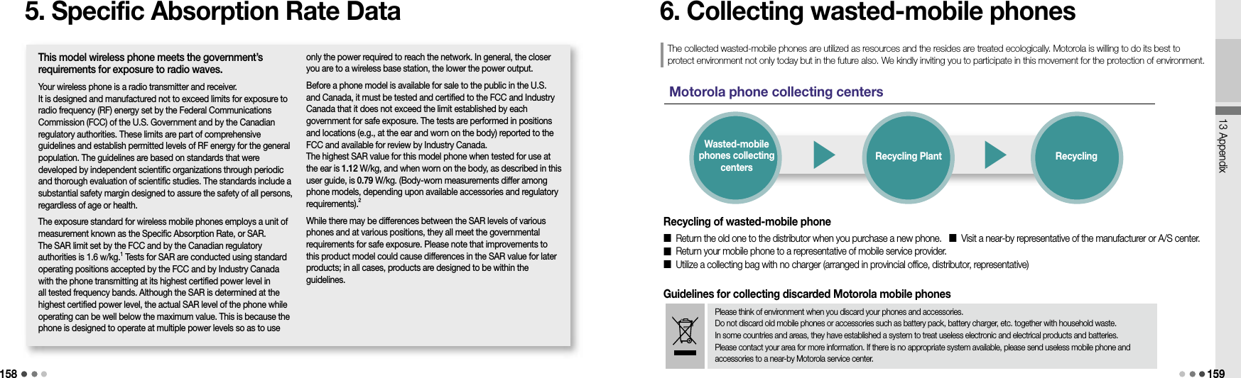 15813 Appendix1595. Specific Absorption Rate DataThis model wireless phone meets the government’s requirements for exposure to radio waves.Your wireless phone is a radio transmitter and receiver. It is designed and manufactured not to exceed limits for exposure to radio frequency (RF) energy set by the Federal Communications Commission (FCC) of the U.S. Government and by the Canadian regulatory authorities. These limits are part of comprehensive guidelines and establish permitted levels of RF energy for the general population. The guidelines are based on standards that were developed by independent scientific organizations through periodic and thorough evaluation of scientific studies. The standards include a substantial safety margin designed to assure the safety of all persons, regardless of age or health.The exposure standard for wireless mobile phones employs a unit of measurement known as the Specific Absorption Rate, or SAR. The SAR limit set by the FCC and by the Canadian regulatory authorities is 1.6 w/kg.1 Tests for SAR are conducted using standard operating positions accepted by the FCC and by Industry Canada with the phone transmitting at its highest certified power level in all tested frequency bands. Although the SAR is determined at the highest certified power level, the actual SAR level of the phone while operating can be well below the maximum value. This is because the phone is designed to operate at multiple power levels so as to use only the power required to reach the network. In general, the closer you are to a wireless base station, the lower the power output.Before a phone model is available for sale to the public in the U.S. and Canada, it must be tested and certified to the FCC and Industry Canada that it does not exceed the limit established by each government for safe exposure. The tests are performed in positions and locations (e.g., at the ear and worn on the body) reported to the FCC and available for review by Industry Canada. The highest SAR value for this model phone when tested for use at the ear is 1.12 W/kg, and when worn on the body, as described in this user guide, is 0.79 W/kg. (Body-worn measurements differ among phone models, depending upon available accessories and regulatory requirements).2While there may be differences between the SAR levels of various phones and at various positions, they all meet the governmental requirements for safe exposure. Please note that improvements to this product model could cause differences in the SAR value for later products; in all cases, products are designed to be within the guidelines.6. Collecting wasted-mobile phonesThe collected wasted-mobile phones are utilized as resources and the resides are treated ecologically. Motorola is willing to do its best to protect environment not only today but in the future also. We kindly inviting you to participate in this movement for the protection of environment.Motorola phone collecting centers▶ ▶Wasted-mobile phones collecting centersRecycling Plant RecyclingRecycling of wasted-mobile phone▒ Return the old one to the distributor when you purchase a new phone.  ▒ Visit a near-by representative of the manufacturer or A/S center.▒ Return your mobile phone to a representative of mobile service provider.  ▒ Utilize a collecting bag with no charger (arranged in provincial office, distributor, representative)Guidelines for collecting discarded Motorola mobile phonesPlease think of environment when you discard your phones and accessories.Do not discard old mobile phones or accessories such as battery pack, battery charger, etc. together with household waste.In some countries and areas, they have established a system to treat useless electronic and electrical products and batteries.Please contact your area for more information. If there is no appropriate system available, please send useless mobile phone and accessories to a near-by Motorola service center.