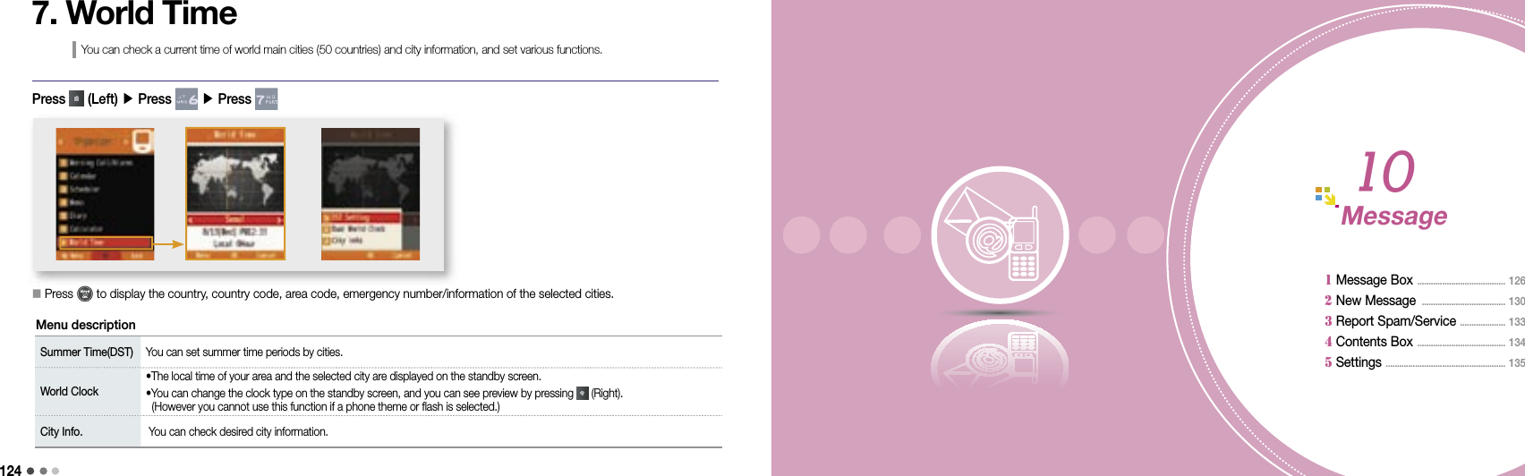 12409 Organizer 1251257. World TimeYou can check a current time of world main cities (50 countries) and city information, and set various functions.󰥇 Press   to display the country, country code, area code, emergency number/information of the selected cities.Press   (Left) ▶ Press   ▶ Press  Summer Time(DST) You can set summer time periods by cities.World Clock•The local time of your area and the selected city are displayed on the standby screen.•You can change the clock type on the standby screen, and you can see preview by pressing   (Right).  (However you cannot use this function if a phone theme or flash is selected.)City Info.  You can check desired city information.Menu descriptionMessage 1 Message Box  .......................................  126 2 New Message  .....................................  130 3 Report Spam/Service  .................... 133  4 Contents Box  ....................................... 134  5 Settings  ..................................................... 13510