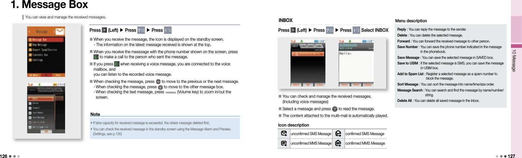 12610 Message 1271. Message BoxPress   (Left) ▶ Press   ▶ Press 󰥇   When you receive the message, the icon is displayed on the standby screen.- The information on the latest message received is shown at the top.󰥇   When you receive the messsage with the phone number shown on the screen, press     to make a call to the person who sent the message.󰥇   If you press   when receiving a voice message, you are connected to the voice mailbox, and you can listen to the recorded voice message.󰥇   When checking the message, press   to move to the previous or the next message.- When checking the message, press   to move to the other message box.-  When checking the text message, press   (Volume key) to zoom in/out the screen.You can view and manage the received messages.Note•   If tahe capacity for received message is exceeded, the oldest message deleted first.•  You can check the received message in the standby screen using the Message Alarm and Preview. (Settings, see p.135)󰥇  You can check and manage the received messages. (Including voice messages)󰥇  Select a message and press   to read the message.󰥇  The content attached to the multi-mail is automatically played.INBOX Icon descriptionunconfirmed SMS Messageconfirmed SMS Messageunconfirmed MMS Messageconfirmed MMS MessageReply : You can reply the message to the sender.Delete : You can delete the selected message.Forward : You can forward the received message to other person.Save Number :  You can save the phone number indicated in the message in the phonebook.Save Message : You can save the selected message in SAVED box.Save to USIM :  If the selected message is SMS, you can save the message in USIM box.Add to Spam List :  Register a selected message as a spam number to block the message.Sort Message :  You can sort the message into name/time/size order.Message Search :  You can search and find the message by name/number/string.Delete All : You can delete all saved message in the inbox.Menu descriptionPress   (Left) ▶ Press   ▶ Press   Select INBOX