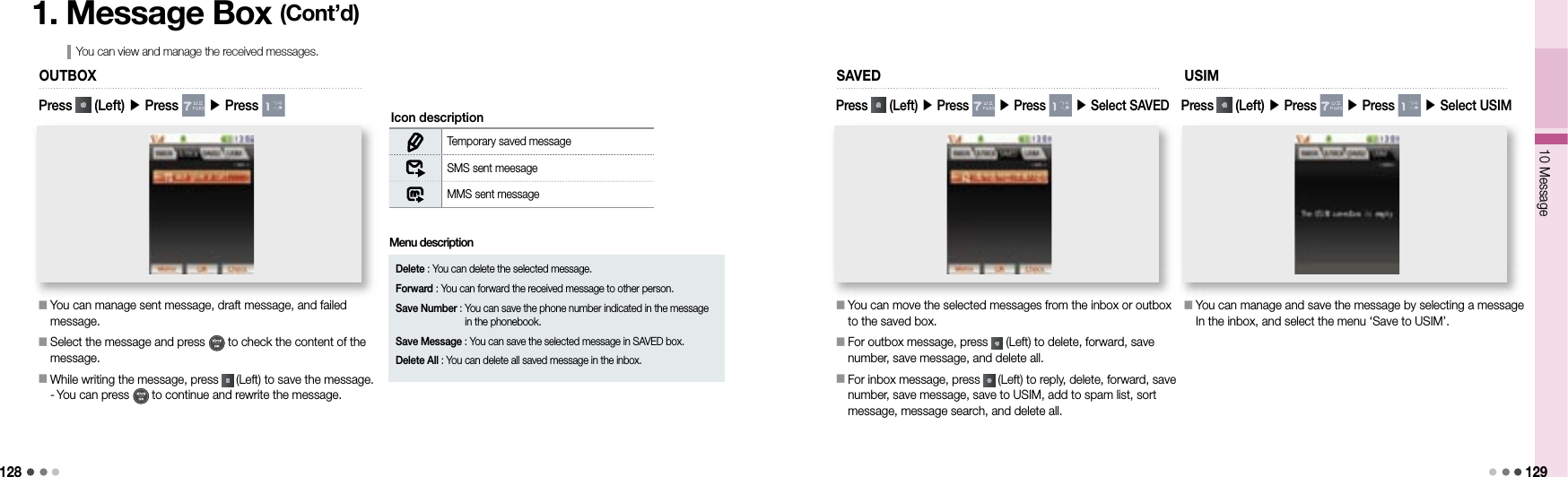 12810 Message 1291. Message Box (Cont’d)You can view and manage the received messages.󰥇  You can manage sent message, draft message, and failed message.󰥇  Select the message and press   to check the content of the message.󰥇  While writing the message, press   (Left) to save the message.-  You can press   to continue and rewrite the message.OUTBOXTemporary saved messageSMS sent meesageMMS sent message Icon descriptionDelete : You can delete the selected message.Forward : You can forward the received message to other person.Save Number :  You can save the phone number indicated in the message in the phonebook.Save Message : You can save the selected message in SAVED box.Delete All : You can delete all saved message in the inbox.Menu description󰥇   You can move the selected messages from the inbox or outbox to the saved box.󰥇  For outbox message, press   (Left) to delete, forward, save number, save message, and delete all.󰥇  For inbox message, press   (Left) to reply, delete, forward, save number, save message, save to USIM, add to spam list, sort message, message search, and delete all.SAVED󰥇  You can manage and save the message by selecting a message In the inbox, and select the menu ‘Save to USIM’.USIMPress   (Left) ▶ Press   ▶ Press Press   (Left) ▶ Press   ▶ Press   ▶ Select SAVEDPress   (Left) ▶ Press   ▶ Press   ▶ Select USIM