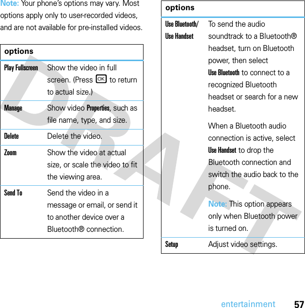 57entertainmentNote: Your phone’s options may vary. Most options apply only to user-recorded videos, and are not available for pre-installed videos.optionsPlay FullscreenShow the video in full screen. (Pressr to return to actual size.)ManageShow video Properties, such as file name, type, and size.DeleteDelete the video.ZoomShow the video at actual size, or scale the video to fit the viewing area.Send ToSend the video in a message or email, or send it to another device over a Bluetooth® connection.Use Bluetooth/ Use HandsetTo send the audio soundtrack to a Bluetooth® headset, turn on Bluetooth power, then select Use Bluetooth to connect to a recognized Bluetooth headset or search for a new headset.When a Bluetooth audio connection is active, select Use Handset to drop the Bluetooth connection and switch the audio back to the phone.Note: This option appears only when Bluetooth power is turned on.SetupAdjust video settings.options