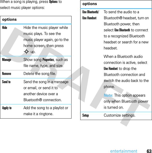 63entertainmentWhen a song is playing, press Options to select music player options:optionsHideHide the music player while music plays. To see the music player again, go to the home screen, then press Sup.ManageShow song Properties, such as file name, type, and size.RemoveDelete the song file.Send toSend the song in a message or email, or send it to another device over a Bluetooth® connection.Apply toAdd the song to a playlist or make it a ringtone.Use Bluetooth/ Use HandsetTo send the audio to a Bluetooth® headset, turn on Bluetooth power, then select Use Bluetooth to connect to a recognized Bluetooth headset or search for a new headset.When a Bluetooth audio connection is active, select Use Handset to drop the Bluetooth connection and switch the audio back to the phone.Note: This option appears only when Bluetooth power is turned on.SetupCustomize settings.options