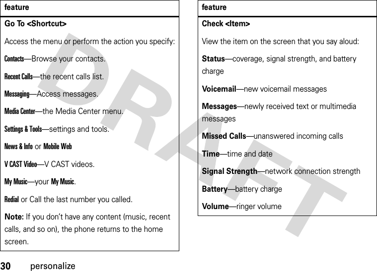 30personalizeGo To &lt;Shortcut&gt;Access the menu or perform the action you specify:Contacts—Browse your contacts.Recent Calls—the recent calls list.Messaging—Access messages.Media Center—the Media Center menu.Settings &amp; Tools—settings and tools.News &amp; Info or Mobile WebV CAST Video—V CAST videos.My Music—your My Music.Redial or Call the last number you called.Note: If you don’t have any content (music, recent calls, and so on), the phone returns to the home screen.featureCheck &lt;Item&gt;View the item on the screen that you say aloud:Status—coverage, signal strength, and battery chargeVoicemail—new voicemail messagesMessages—newly received text or multimedia messagesMissed Calls—unanswered incoming callsTime—time and dateSignal Strength—network connection strengthBattery—battery chargeVol ume—ringer volumefeature