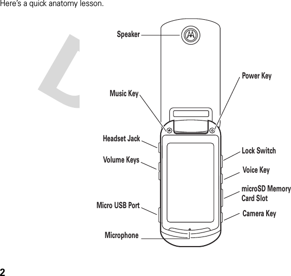 2Here’s a quick anatomy lesson.OPower KeyLock SwitchVoice KeymicroSD Memory Card SlotCamera KeyHeadset JackVolume KeysMicro USB PortMicrophoneSpeakerMusic Key