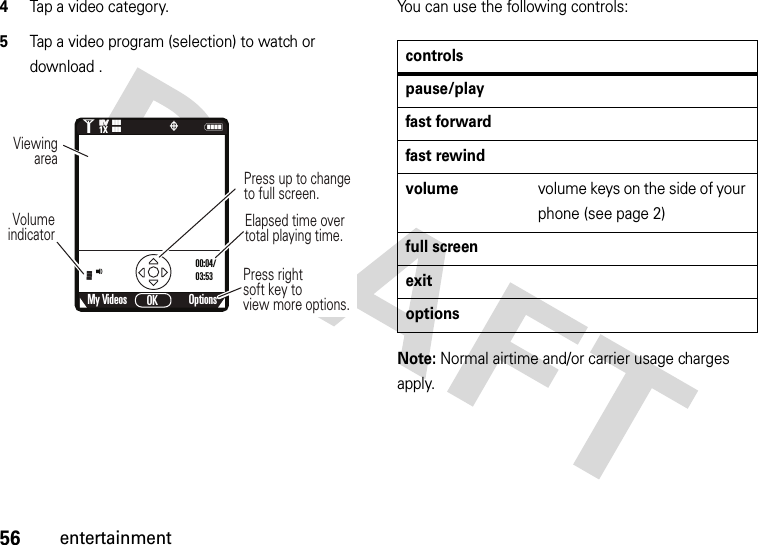56entertainment4Tap a video category.5Tap a video program (selection) to watch or download .You can use the following controls:Note: Normal airtime and/or carrier usage charges apply.My Videos OptionsOKNPress up to change to full screen.Press right soft key to view more options.Viewing areaVolume indicator1❙❙❙ò❙❙❙1XEVEV❙❙❙00:04/03:53Elapsed time over total playing time.Ácontrolspause/playfast forwardfast rewindvolumevolume keys on the side of your phone (see page 2)full screenexitoptions