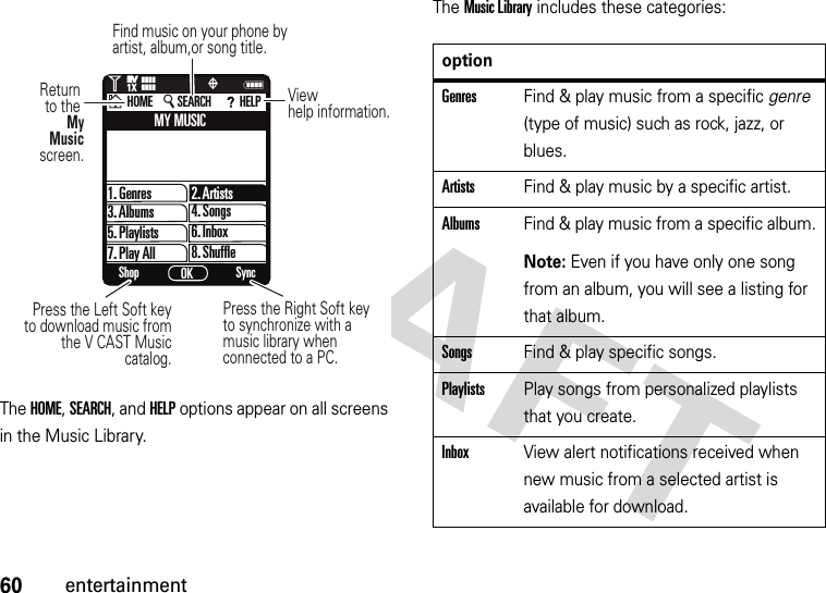 60entertainmentThe HOME, SEARCH, and HELP options appear on all screens in the Music Library.The Music Library includes these categories:1. GenresMY MUSIC2. Artists4. Songs6. Inbox8. Shuffle3. Albums5. Playlists7. Play AllShop SyncOKHOME SEARCH HELPNPress the Left Soft key to download music from the V CAST Music catalog.Press the Right Soft key to synchronize with a music library when connected to a PC.Return to the My Music screen.View help information.Find music on your phone by artist, album,or song title.ò1❙❙❙❙❙❙❙❙1XEVEVoptionGenresFind &amp; play music from a specific genre (type of music) such as rock, jazz, or blues.ArtistsFind &amp; play music by a specific artist.AlbumsFind &amp; play music from a specific album.Note: Even if you have only one song from an album, you will see a listing for that album.SongsFind &amp; play specific songs.PlaylistsPlay songs from personalized playlists that you create.InboxView alert notifications received when new music from a selected artist is available for download.