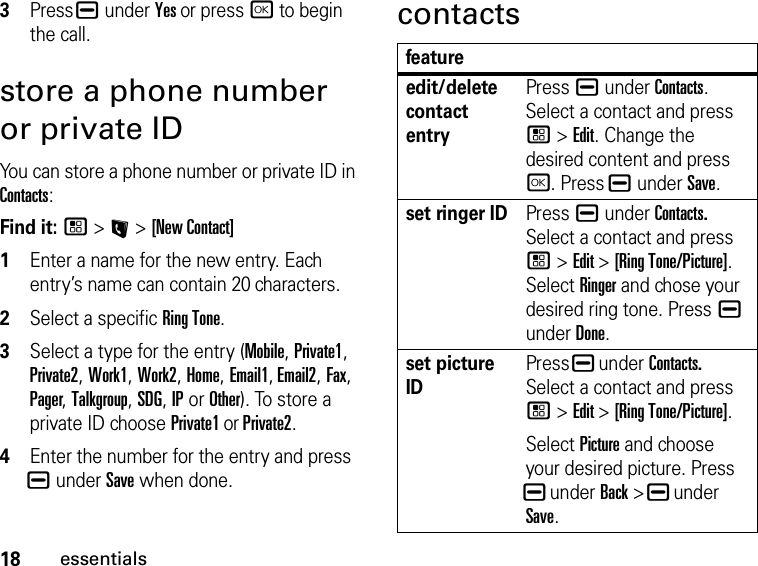 18essentials3Press K under Yes or press r to begin the call.store a phone number or private IDYou can store a phone number or private ID in Contacts:Find it: / &gt; L &gt; [New Contact]1Enter a name for the new entry. Each entry’s name can contain 20 characters. 2Select a specific Ring Tone.3Select a type for the entry (Mobile, Private1, Private2, Work1, Work2, Home, Email1, Email2, Fax, Pager, Talkgroup, SDG, IP or Other). To store a private ID choose Private1 or Private2.4Enter the number for the entry and press K under Save when done.contactsfeatureedit/delete contact entryPress K under Contacts. Select a contact and press / &gt; Edit. Change the desired content and press r. Press K under Save.set ringer IDPress K under Contacts. Select a contact and press / &gt; Edit &gt; [Ring Tone/Picture]. Select Ringer and chose your desired ring tone. Press K under Done.set picture IDPress K under Contacts. Select a contact and press / &gt; Edit &gt; [Ring Tone/Picture].Select Picture and choose your desired picture. Press K under Back &gt; K under Save.