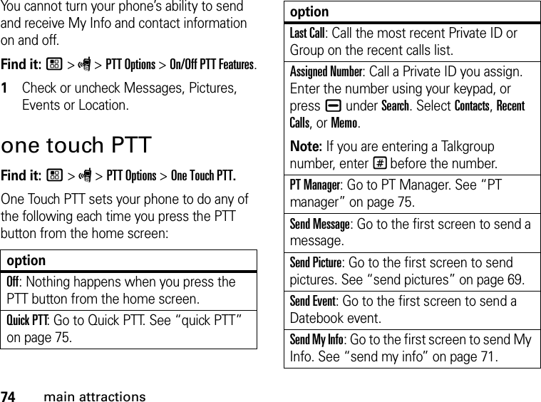 74main attractionsYou cannot turn your phone’s ability to send and receive My Info and contact information on and off. Find it: / &gt; S &gt; PTT Options &gt; On/Off PTT Features.1Check or uncheck Messages, Pictures, Events or Location.one touch PTTFind it: / &gt; S &gt; PTT Options &gt; One Touch PTT.One Touch PTT sets your phone to do any of the following each time you press the PTT button from the home screen:optionOff: Nothing happens when you press the PTT button from the home screen.Quick PTT: Go to Quick PTT. See “quick PTT” on page 75.Last Call: Call the most recent Private ID or Group on the recent calls list. Assigned Number: Call a Private ID you assign. Enter the number using your keypad, or press K under Search. Select Contacts, Recent Calls, or Memo.Note: If you are entering a Talkgroup number, enter # before the number.PT Manager: Go to PT Manager. See “PT manager” on page 75.Send Message: Go to the first screen to send a message.Send Picture: Go to the first screen to send pictures. See “send pictures” on page 69.Send Event: Go to the first screen to send a Datebook event.Send My Info: Go to the first screen to send My Info. See “send my info” on page 71.option