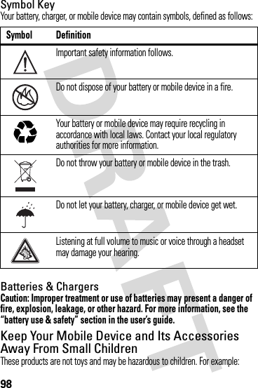 98Symbol KeyYour battery, charger, or mobile device may contain symbols, defined as follows:Batteries &amp; ChargersCaution: Improper treatment or use of batteries may present a danger of fire, explosion, leakage, or other hazard. For more information, see the “battery use &amp; safety” section in the user’s guide.Keep Your Mobile Device and Its Accessories Away From Small ChildrenThese products are not toys and may be hazardous to children. For example:Symbol DefinitionImportant safety information follows.Do not dispose of your battery or mobile device in a fire.Your battery or mobile device may require recycling in accordance with local laws. Contact your local regulatory authorities for more information.Do not throw your battery or mobile device in the trash.Do not let your battery, charger, or mobile device get wet.Listening at full volume to music or voice through a headset may damage your hearing.032374o032376o032375o